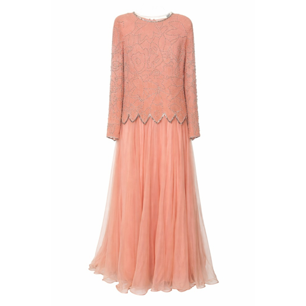 Niteline by Della Roufogali Vintage Silk Beaded Dress Peach Sequin Formal Evenin